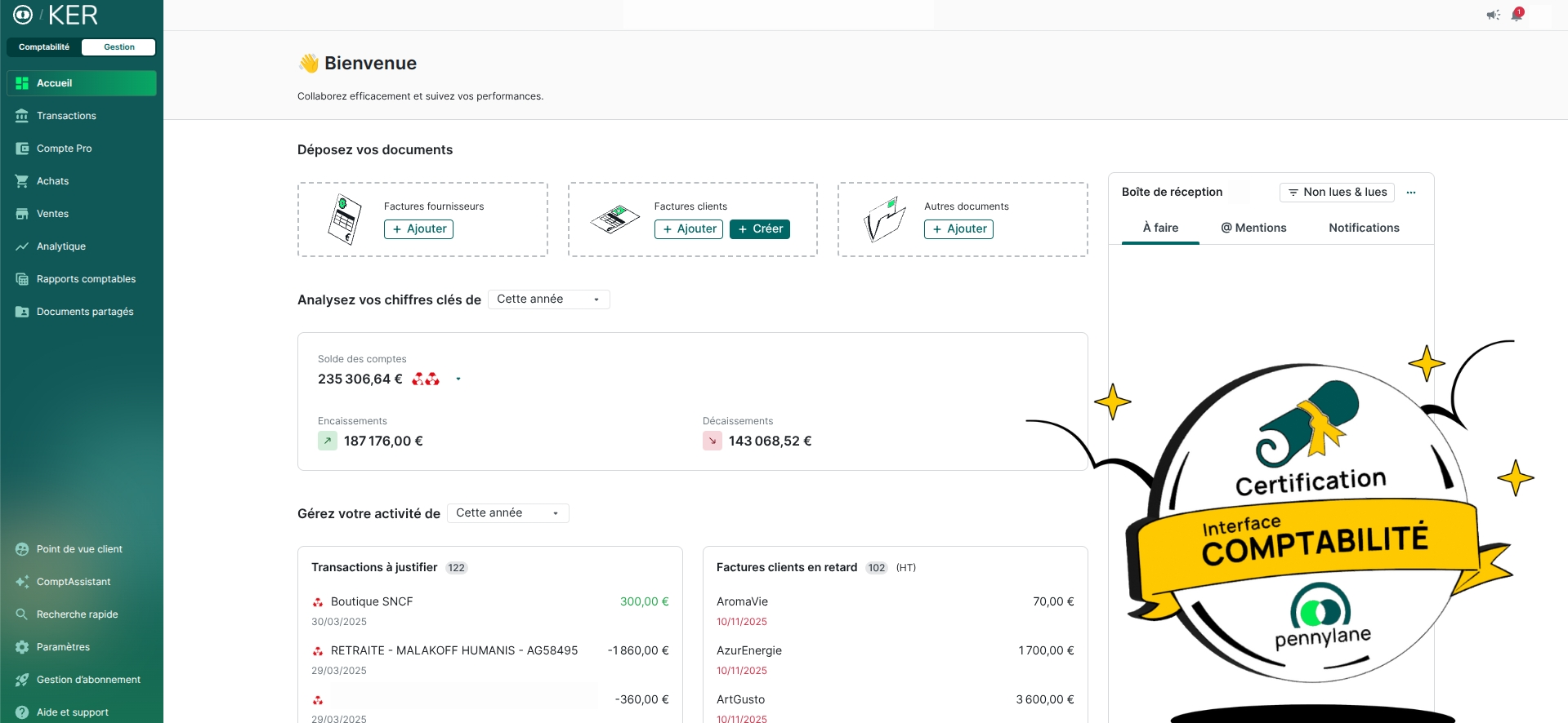 Aperçu d'un tableau de bord Pennylane